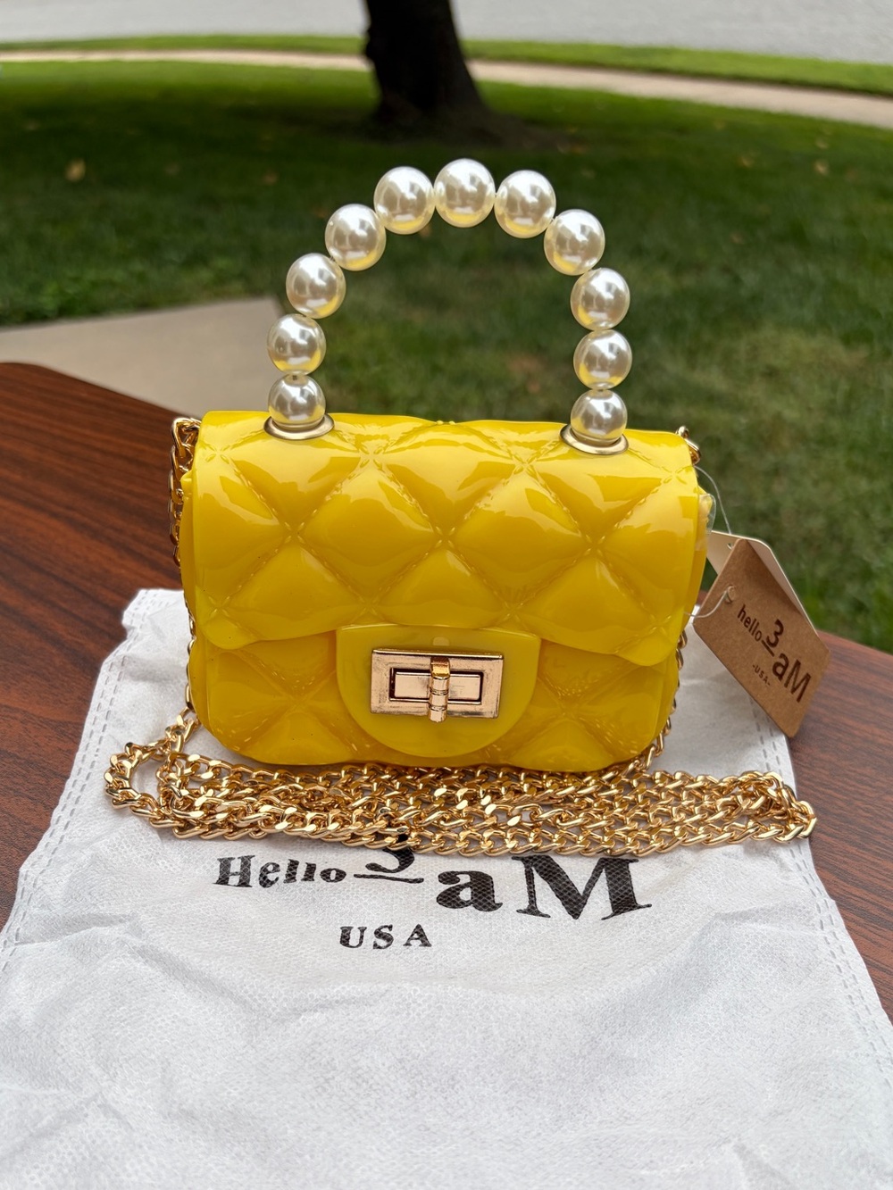 Hello 3AM Yellow Quilted Mini Handbag Pearl Handle Chain Crossbody NWT